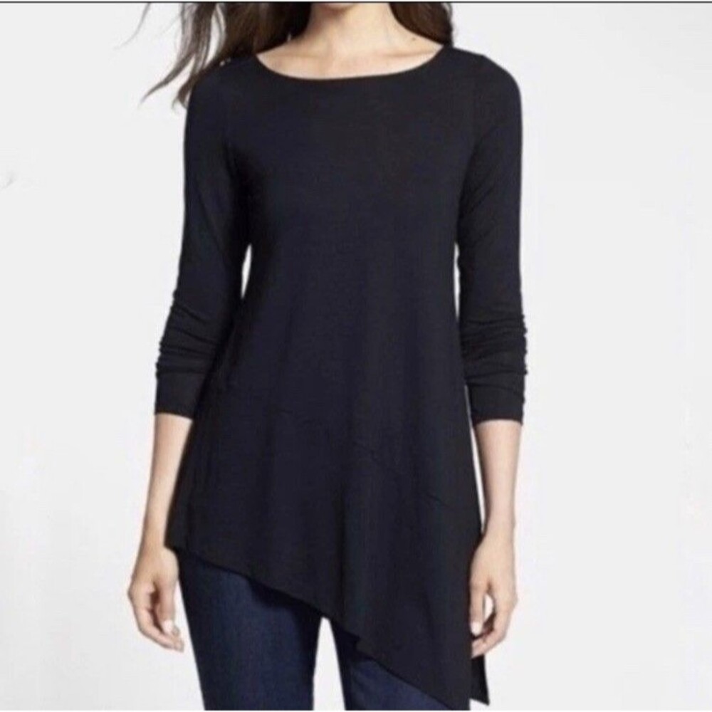 Eileen Fisher Black Asymmetrical Hem Long Sleeve Tunic Shirt Womens M Lagenlook